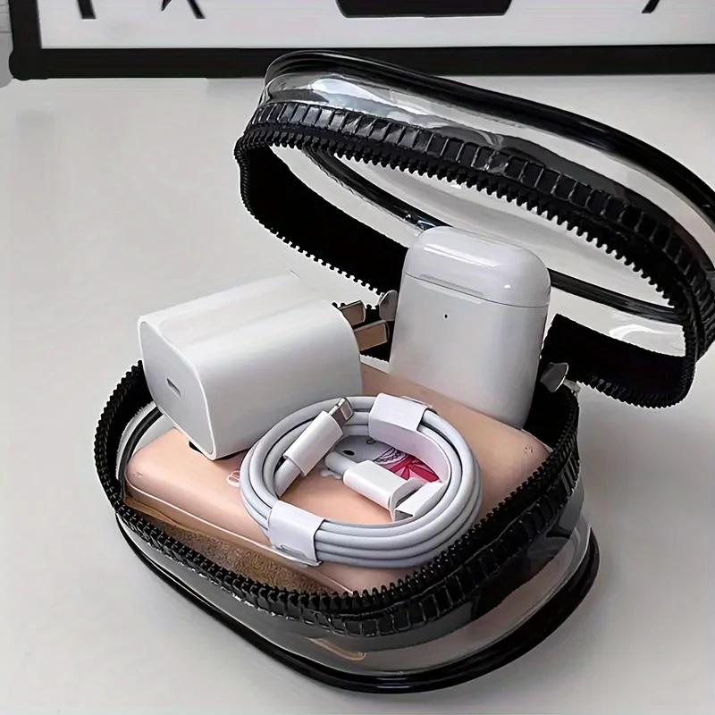 1Pc Portable Mini Clear Zipper Storage Bag - Space-Saving Organizer for Earphones & Chargers, Versatile with Handy Keychain Loop