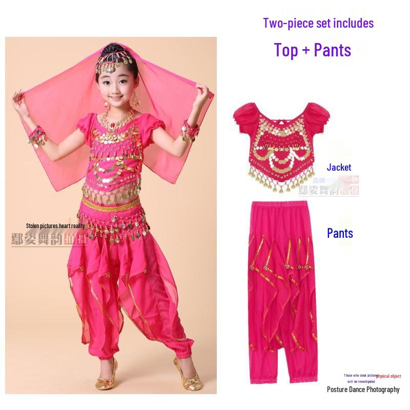 

Костюм для індійського та синьцзянського танцю для дівчаток: Дитячий етнічний одяг для виступу з танцю живота XL (130-140cm)