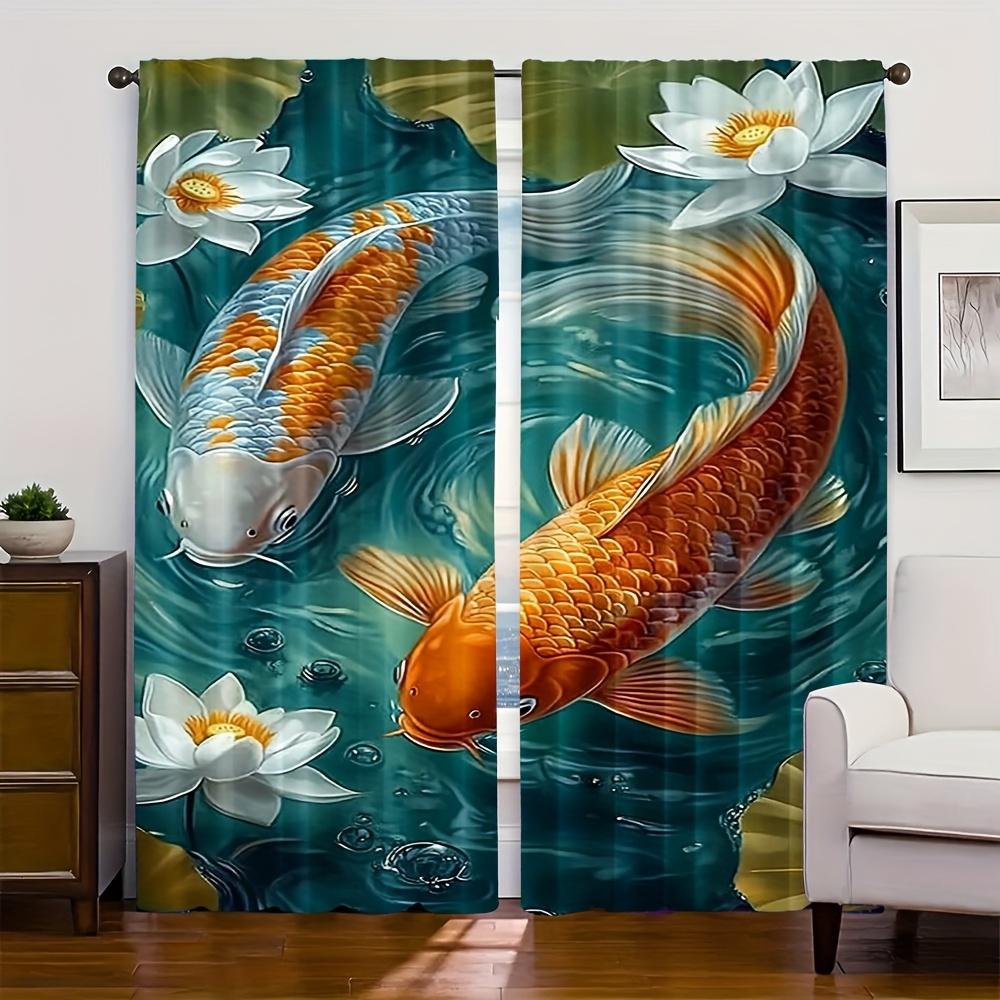 2pcs   African wild animal curtains. 29.53in×65.35in   41.34in×90.55in   51.18in×82.68in Green pond_ lotus goldfish pattern   100% P
