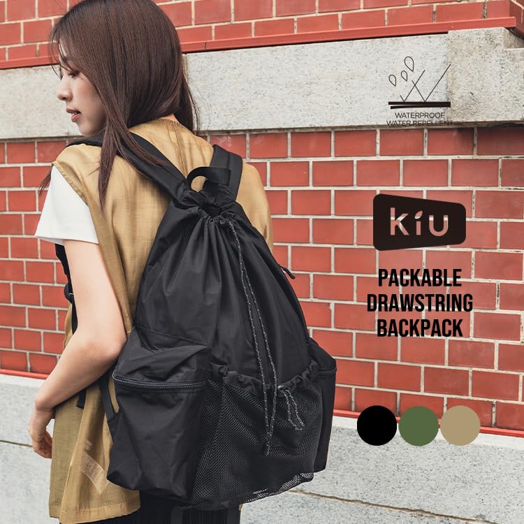 KiU Packable Drawstring Backpack Large Black (K365-900) - Waterproof, Water-repellent, Unisex, Compact, Capacity, Stylish, Casual, Outdoor, Travel,