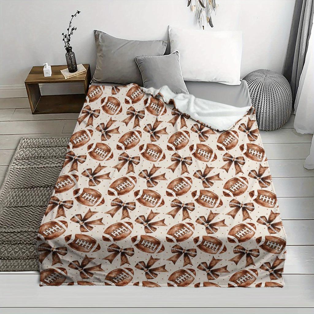 [1pc Cozy Flannel Throw Blanket] Cozy & Soft Football & Bow Pattern Flannel Throw Blanket - 1pc Light Beige with Brown & Black