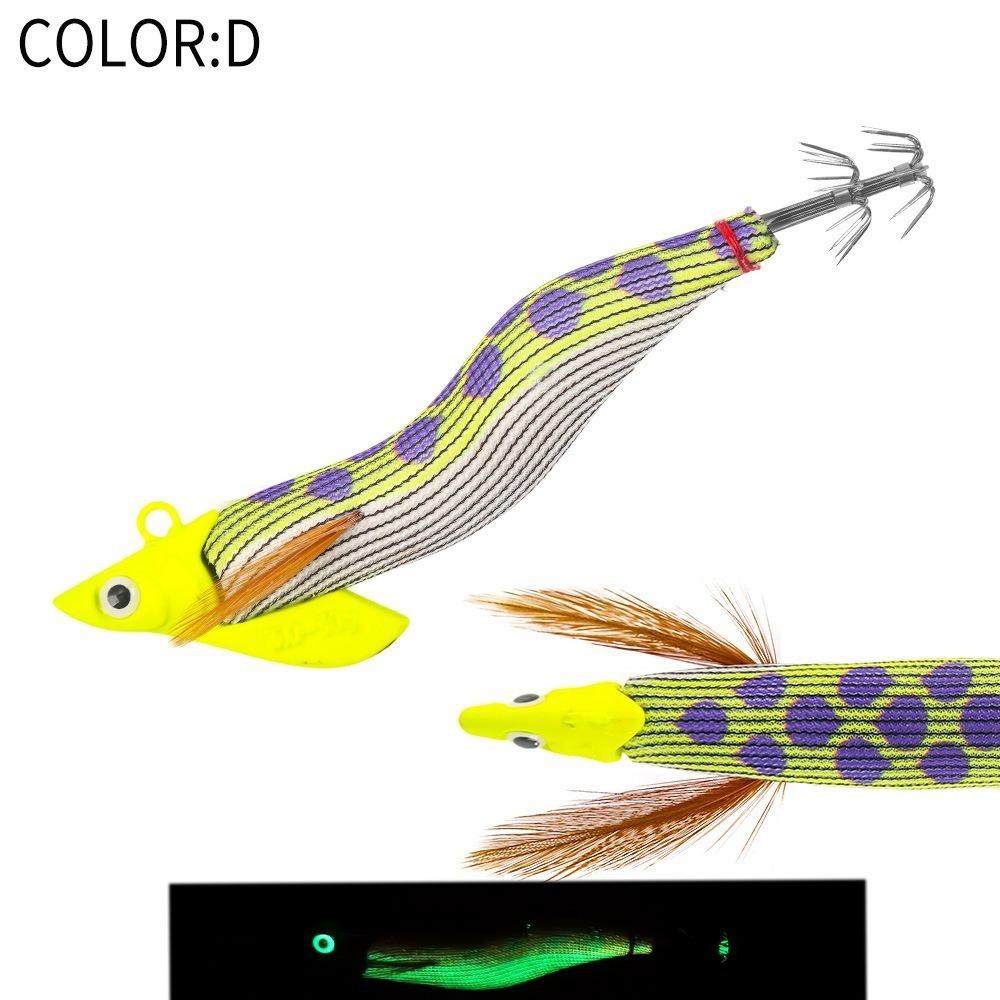 30g Luminescent Artificial Lures Sycamore Wooden Squid Bait Octopus Design Jigging Lures Squid Hooks Slow Sinking Deep Water Sea