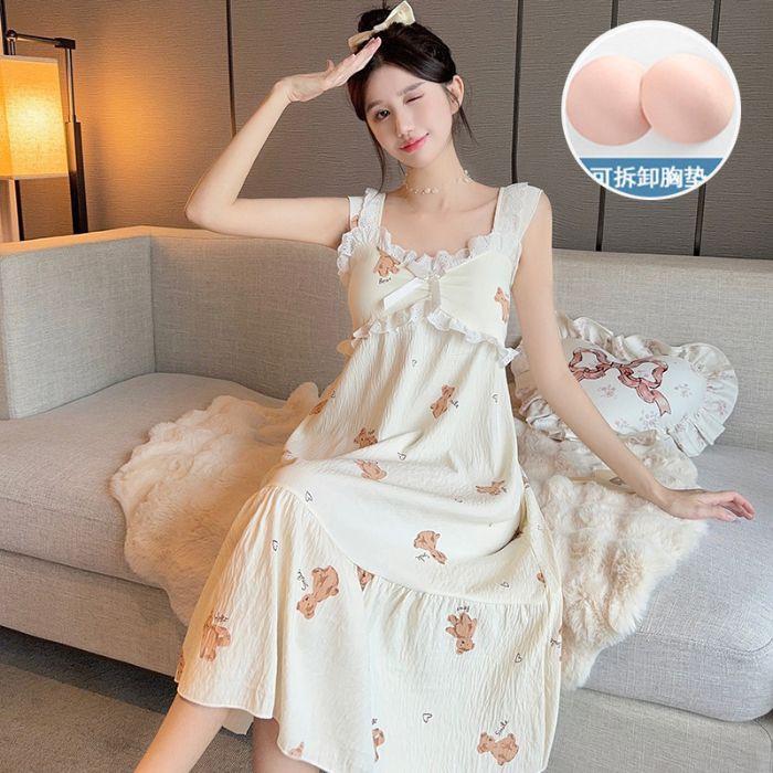 

Sling nightdress with chest pad Summer pajamas Women s woven cloud cotton lace medium and long dress Loungewear 175(XXL)