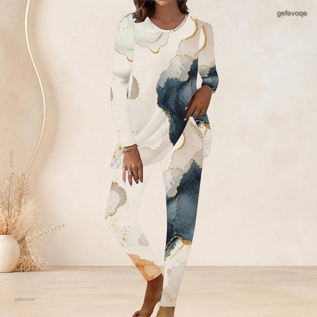 Women Plus Size Abstract Printed Two Piece Set Round Neck Long Sleeve Longline Top Fitted Pants