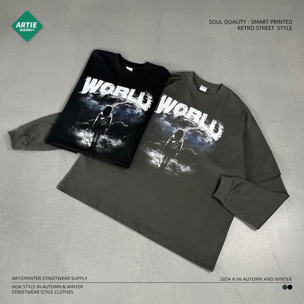 2024 Men's Fashion Long-Sleeve Digital Print Fake Two-Piece Loose Casual Shirt