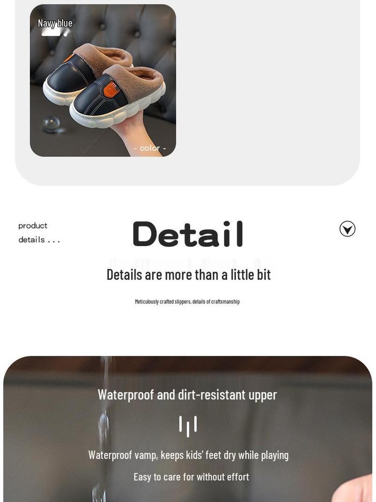 Children's Non-Slip Waterproof Slippers - Soft Cotton, PU Leather, Velvet-Lined for Parents & Kids, Winter Warm