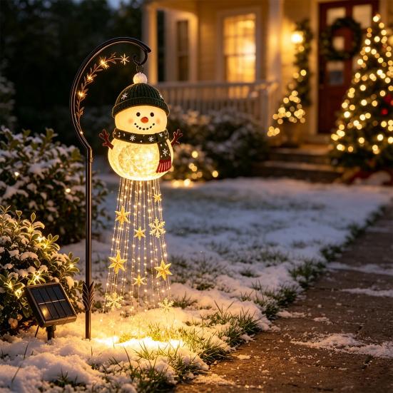Christmas Ornament Garden Accents Solar Powered Light, Outdoor Metal Stake Snowman Bell Pendant Lamps Star Snowflake Waterfall String Lamp,