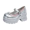Fashion New Silver Bow Thick Bottom High-heeled Mary Jane Shoes College Style Shallow Mouth Fashion Pumps Autumn Heeled Single Shoes