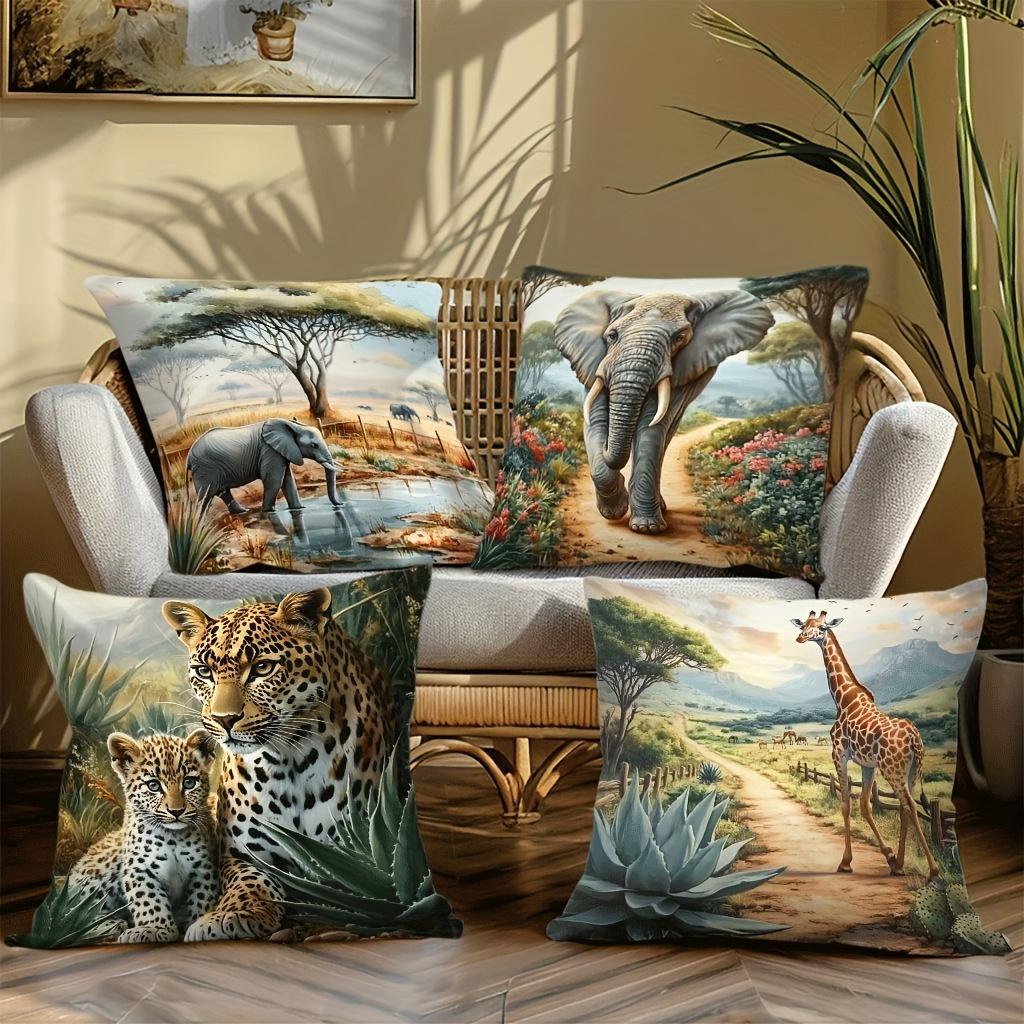 1/4pcs African Wildlife Safari Throw Pillow Covers Wild Animal Leopard Elephant Giraffe Home Decor Cushion Cover