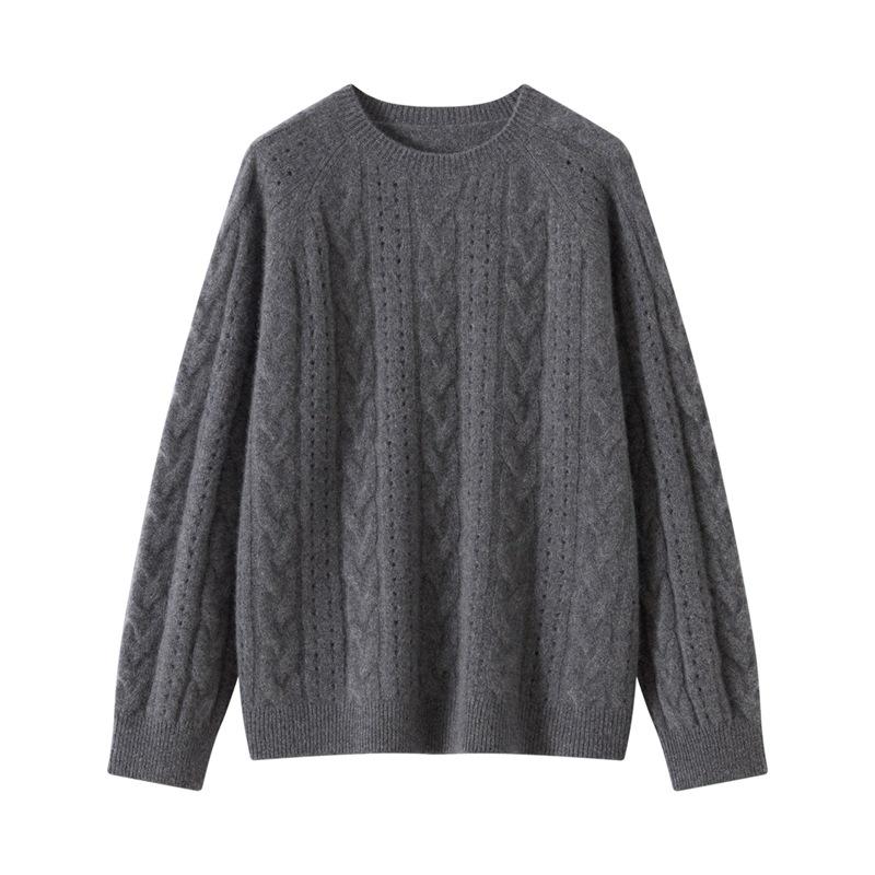 2025 Autumn/Winter Women's 100% Cashmere Round Neck Hollow Cable Knit Casual Loose Pullover Sweater