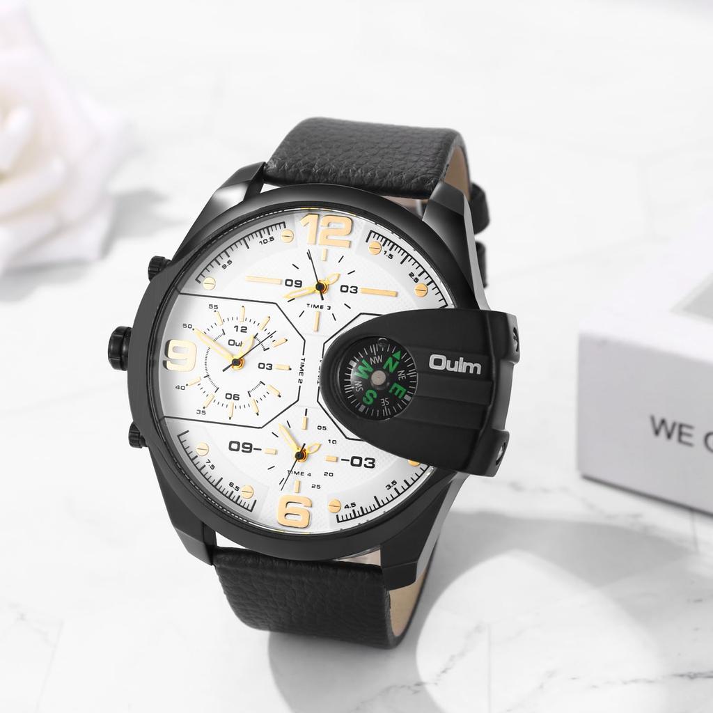 Men's Watch PU Leather Band 3 Time Zone Display Analog Display Quartz Waterproof Compass Design Large Dial Sports Watch Outdoor Easy To Read Casual