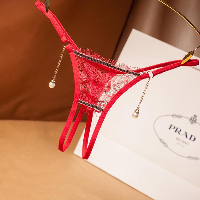 Perlový přívěsek Otevřená tanga Ženy Spodní prádlo Bezrozkrokové výšivky G String Tanga kalhotky Krajka Transparentní Sexy spodní prádlo