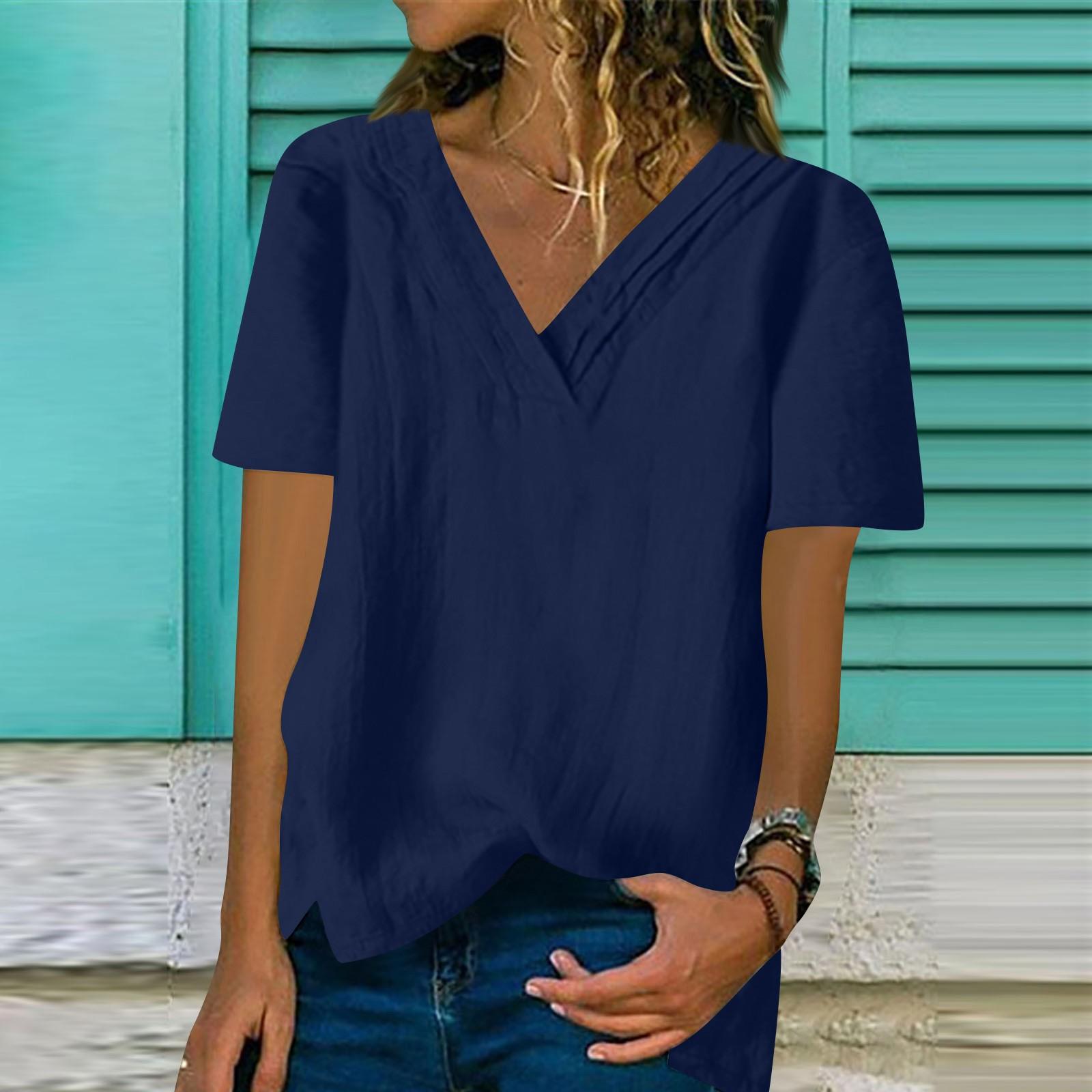 

Женская мода хлопок и лен свободный короткий рукав топ XL тёмно-синий