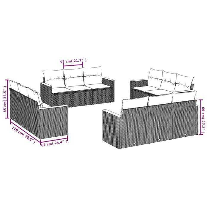 VidaXL Salon de Jardin avec Coussins 12 pcs, Canapés de Terrasse, Ensemble de Meubles de Patio, Mobilier d'Extérieur, Noir 3258233