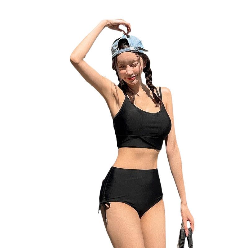 Korean retro strap hot spring bikini swimmer women with small breasts gather, slim body to cover belly, triangle high waist split sports wind