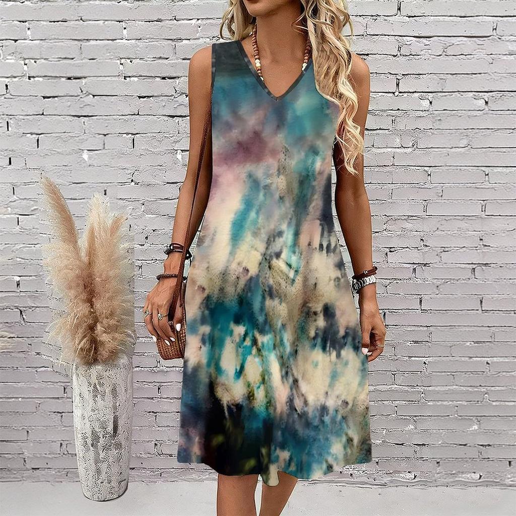 Plus Size V Neck Sleeveless Green Canyon Waterfall Print For Forest Exploration Tour