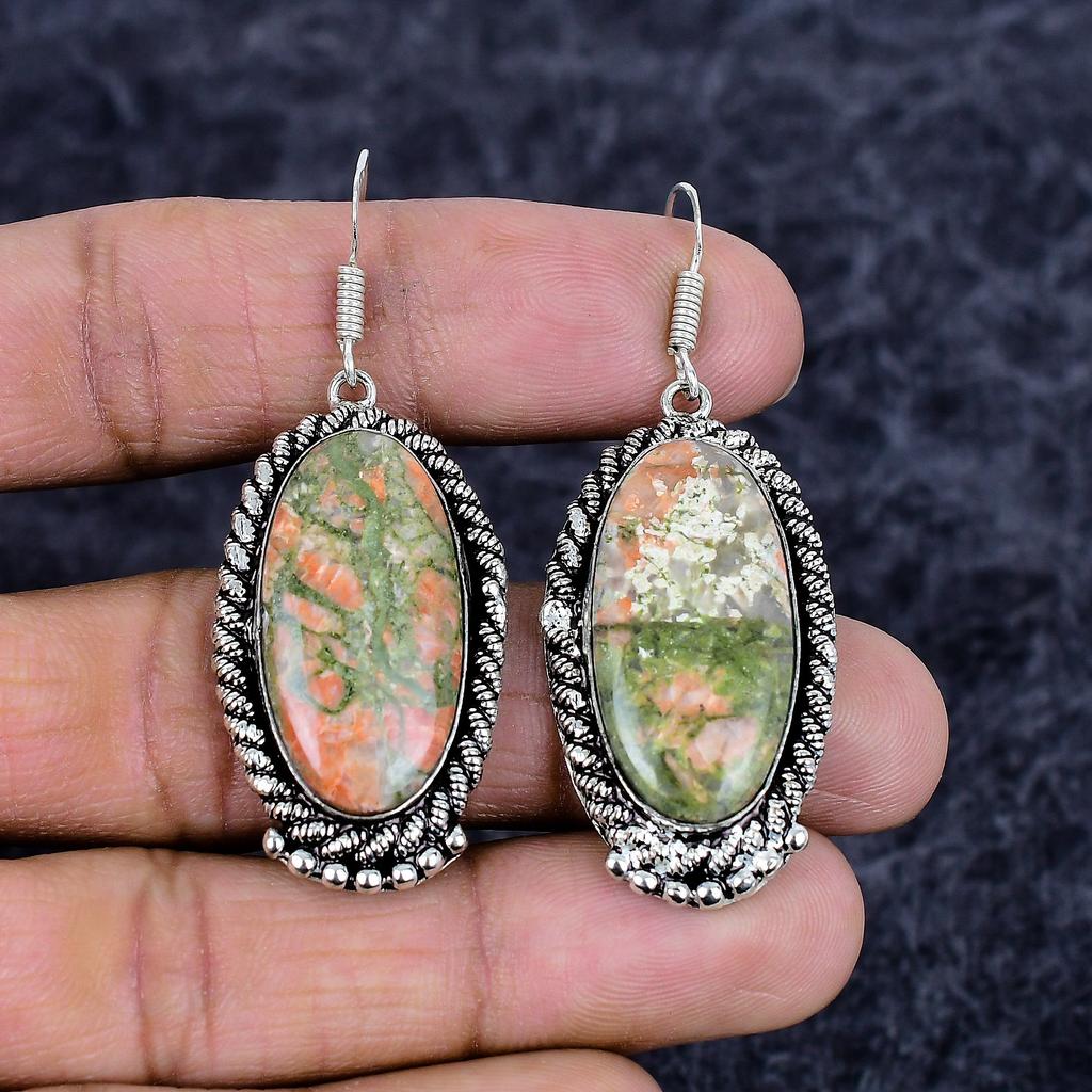 Unakite Gemstone Handmade 925 Sterling Silver Jewelry Earring 2.21" M-3539
