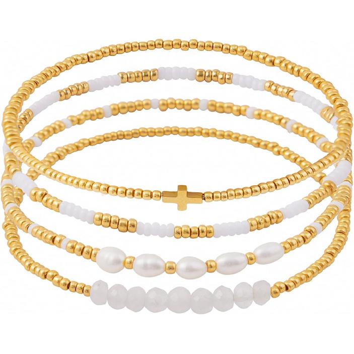 Dainty Gold Plated Pearl Crystal Beaded Bracelets Set for Women 14K Gold Plated Bead Pearl Beads Bracelet Stackable Paperclip Link Chain Bracelets