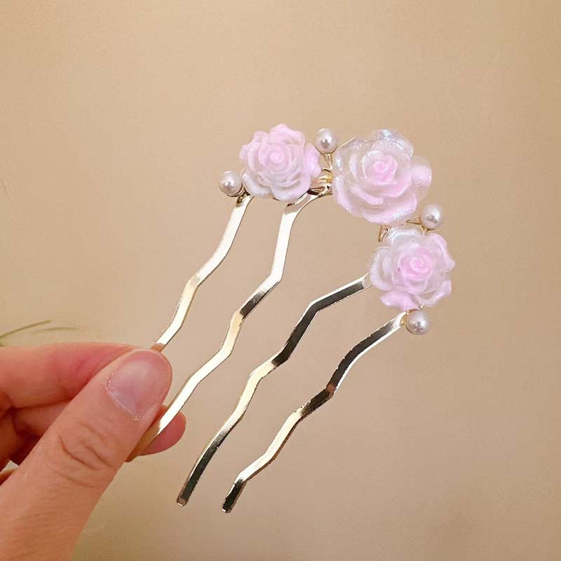 Vintage Red Velvet Rose Flower Hair Stick For Women Girls Elegant Metal U-shaped Hairpin Hanfu Headwear Hair Accessories