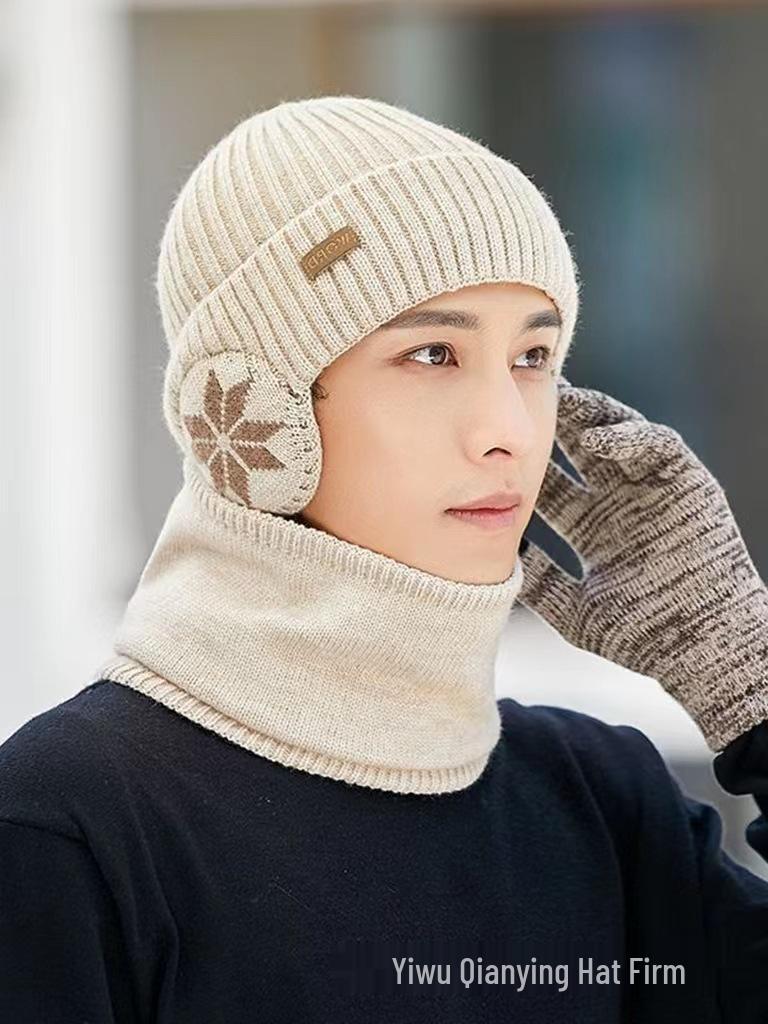 Men's Winter Knitted Wool Hat with Ear Protection, Plus Velvet, Windproof, Warm, Versatile Pullover with Large Brim.