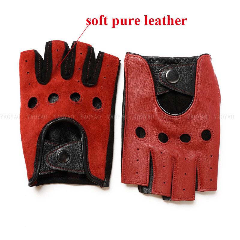 100% Genuine Leather Half-Finger Gloves for Men, Made from Genuine Sheepskin, Red/Brown/Blue, for Driving and Riding,