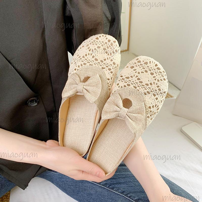 Fashion Slippers for Women Summer 2025 Breathable Mesh Cotton Cloth Cover Toe Slides Indoor Slip On Mules Casual Flats Zapatos De Mujer