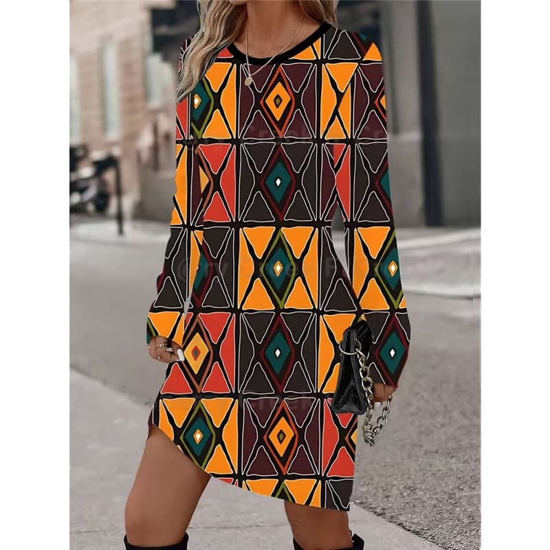 Spring Autumn Women Dress Casual Long Sleeve O-neck 3D Print Loose A-Line Dress Oversized Home Wear Robe