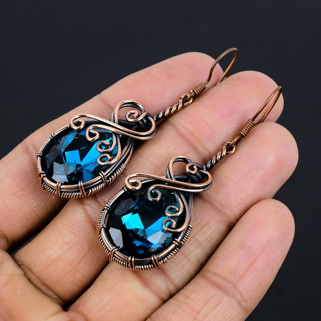 Indicolite & Tourmaline Topaz Earrings Gemstone Jewelry, 999 Copper Wire Wrapped Earrings, Handmade Beautiful Jewelry Earrings