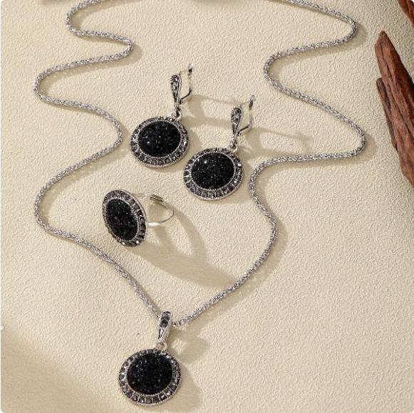 Черный Кольцо Ожерелье Серьги, Черное Круглое Смола Ожерелье Ювелирный Набор One Size