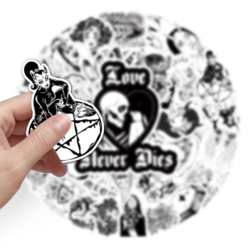 50 Black & White Gothic Punk Style Graffiti Stickers for DIY Suitcases, Notebooks, and Skateboards.