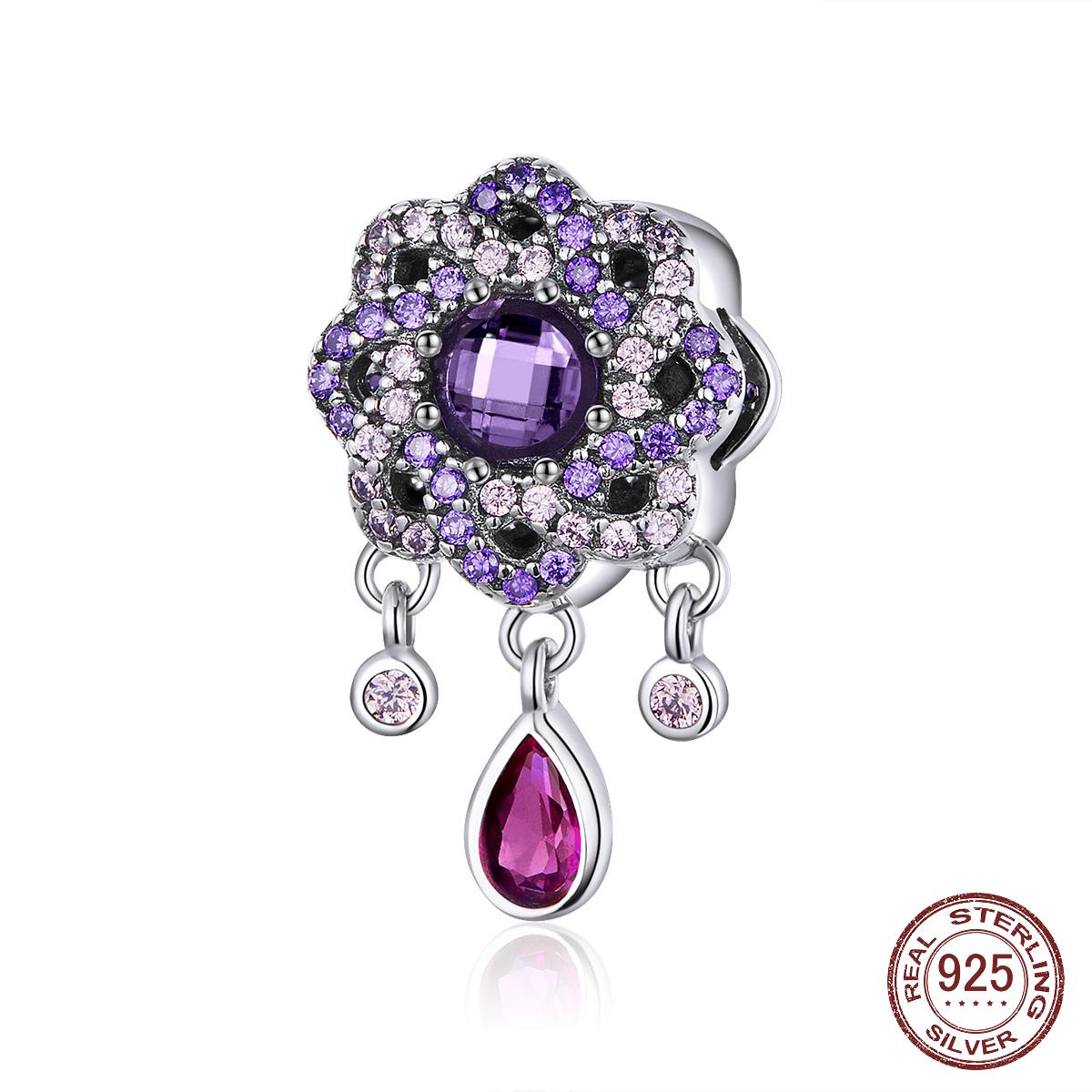 

925 Стерлинг Серебряный фиолетовый цветок формы подвески Fit Charm Браслеты