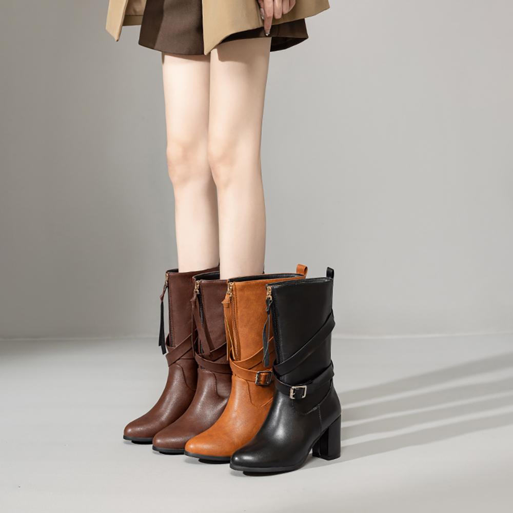 Bottes mi-mollet jaunes et marron pour femmes, talons hauts, petites et grandes tailles 33 52