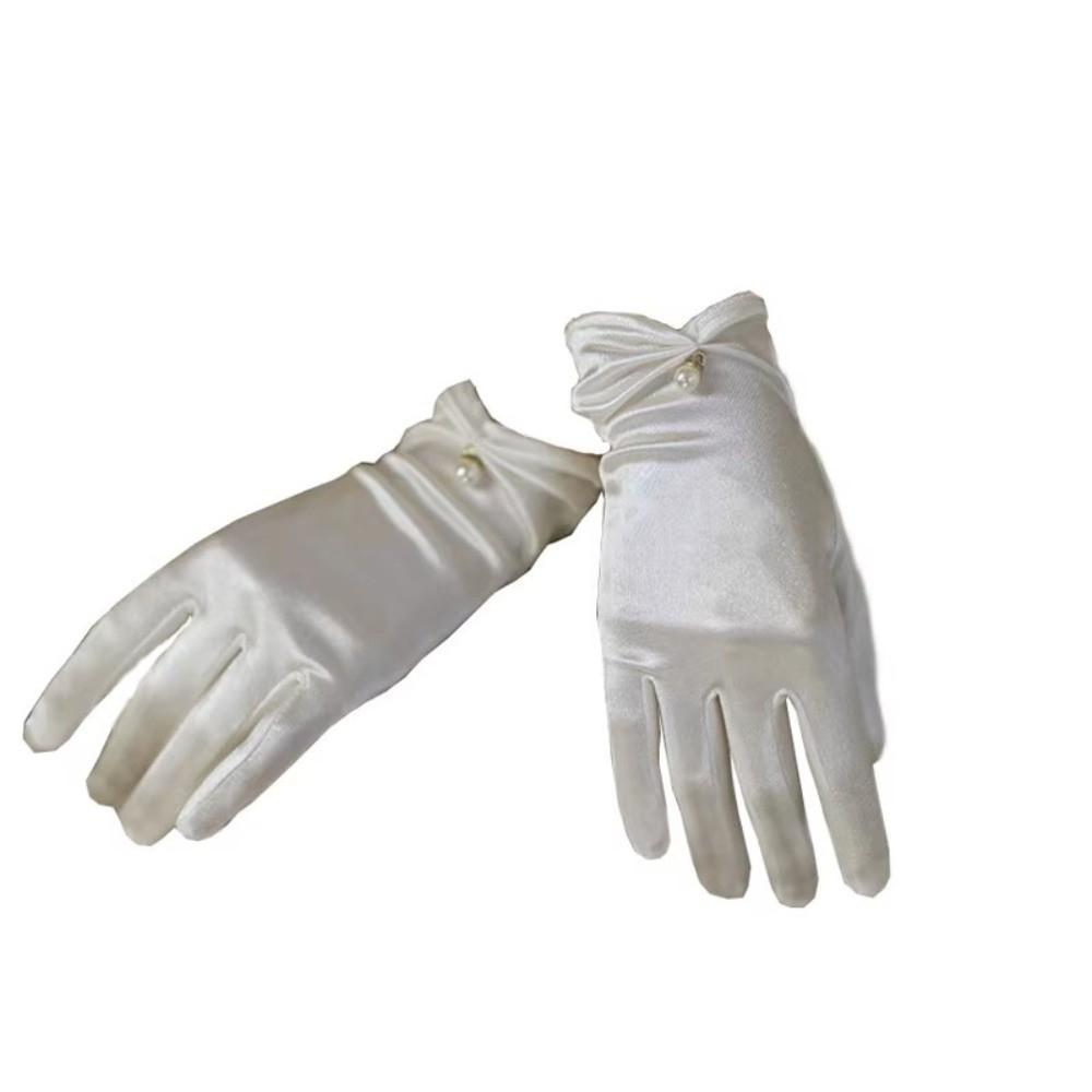 Pearl Decorative White Satin Bridal Gloves Wrist Length Women Silk Gloves Ladies
