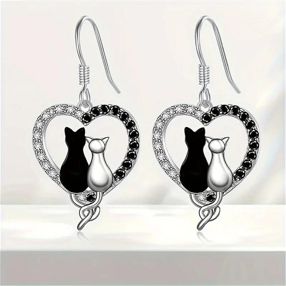 Charm Female White Black Zircon Stone Cat Animal Drop Earrings Cute Trendy Bridal Silver Color Dangle Wedding For Women