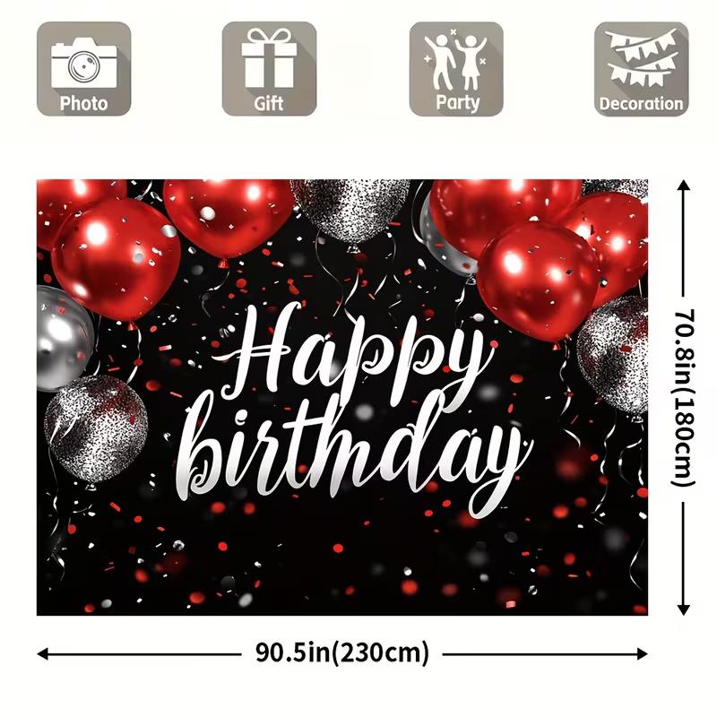 2D Red Silver Balloon Birthday Backdrop, Black Background with Confetti for Events