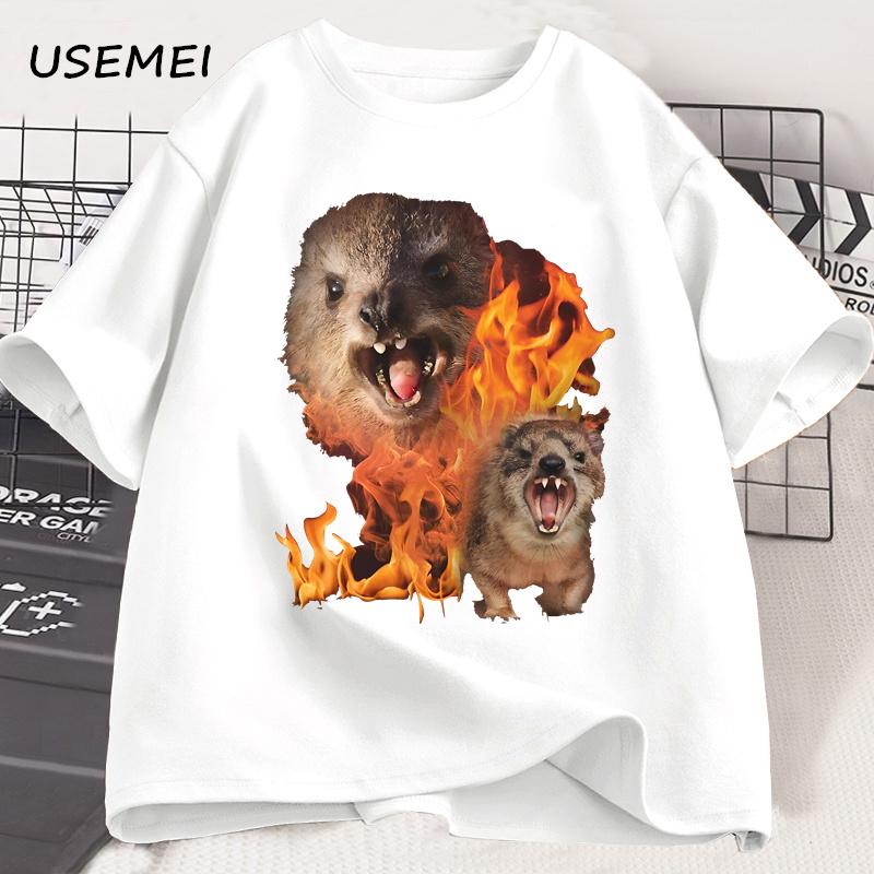 Funny Rock Hyrax Fire Meme Tee Shirt Men Women Stupid T-shirt Ugly Unhinged Tshirt Summer Cotton Opossum Raccoon Tops Oversized