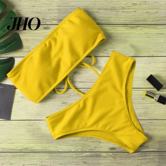 Bikini Set 1 Women Beach Suit with Chest Pad No Underwire Solid Color Elastic Female Bandeau High Waist Bathing Two-piece Swimming Trunks Split