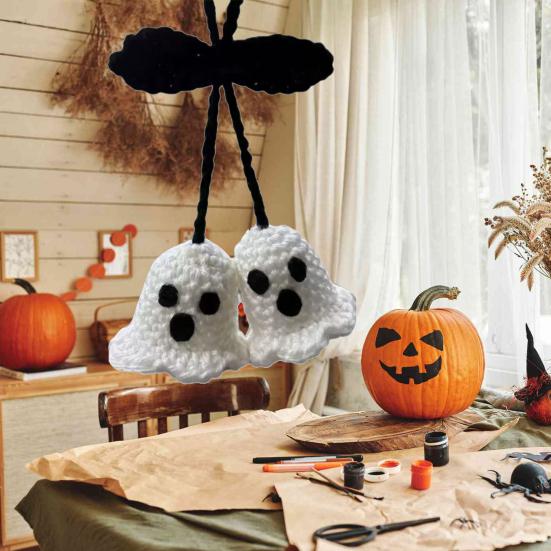 Yousheng 1 Pair Ghost Pendants Crochet Car Mirror Hanging Accessories with Lanyard Easy To Hang Ornament Halloween Decor
