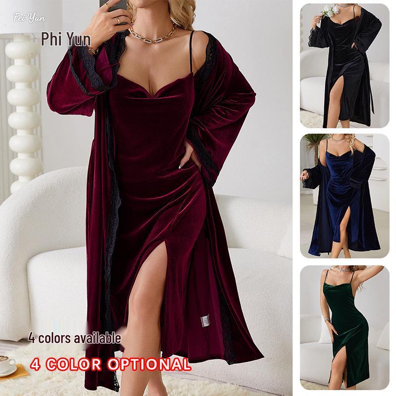 Fiyun Elegant Velvet Nightgown with Sexy Slit and Backless Design - European & American Style Home Set 651