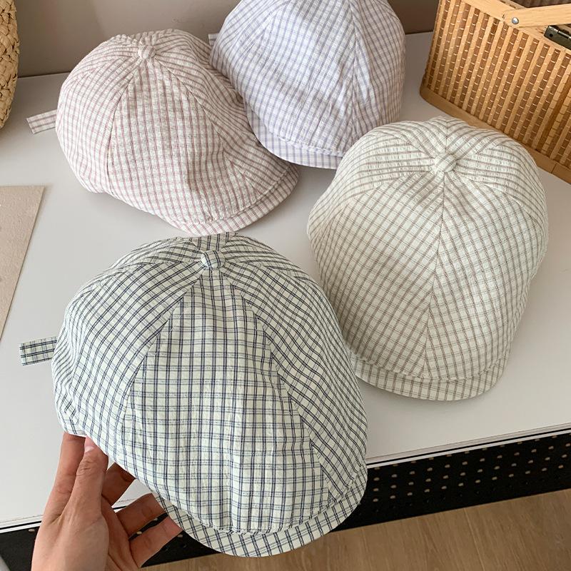 Vintage Pink Plaid Beret Women's Spring Back Wearing Newsboy Hat Big Head Circumference Versatile Peaked Cap