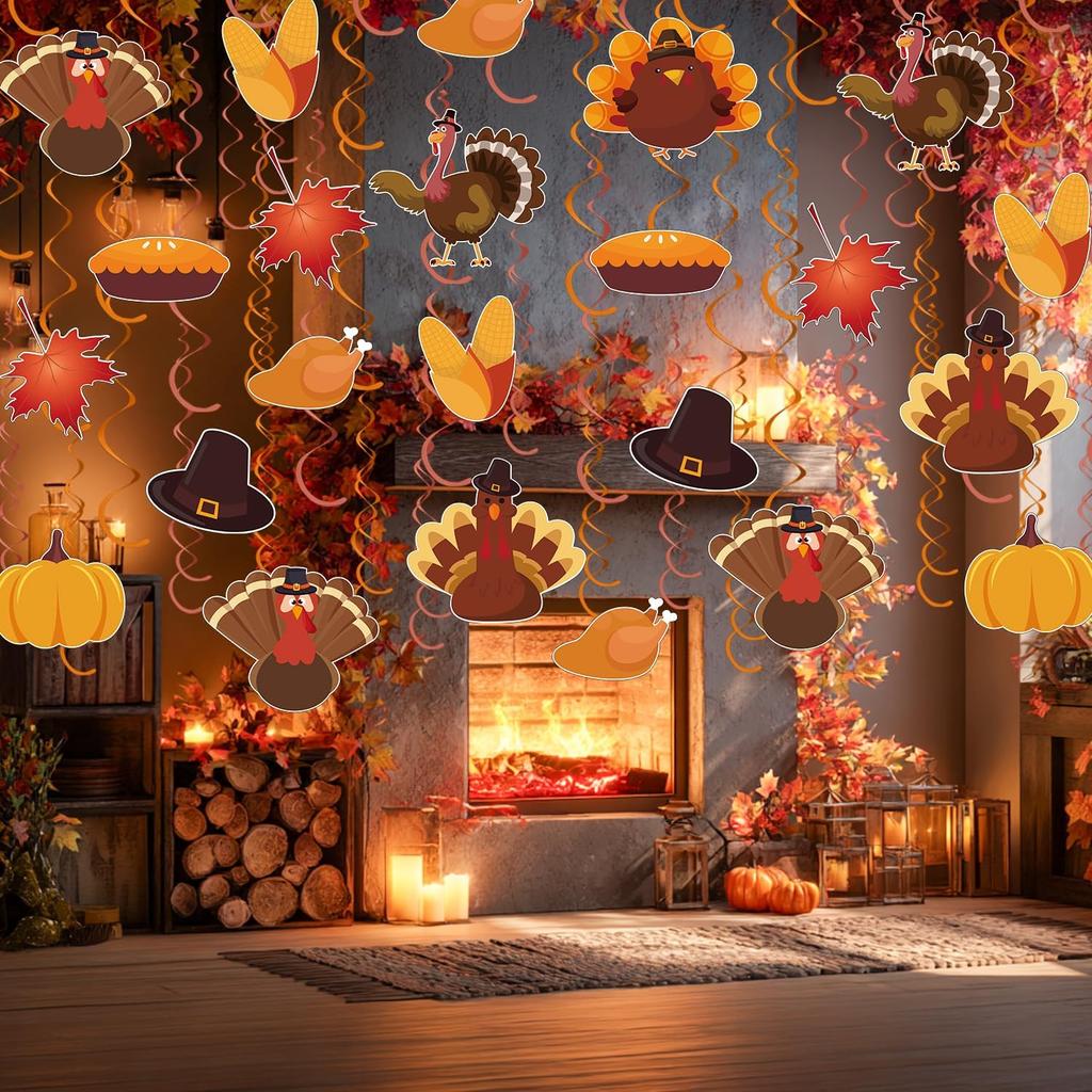 Horaldaily Thanksgiving 30 Pieces Party Hanging Swirl Decorations, Turkey Pumpkin Party Hanging Swirls Streamers Ceiling Decor for Home Office