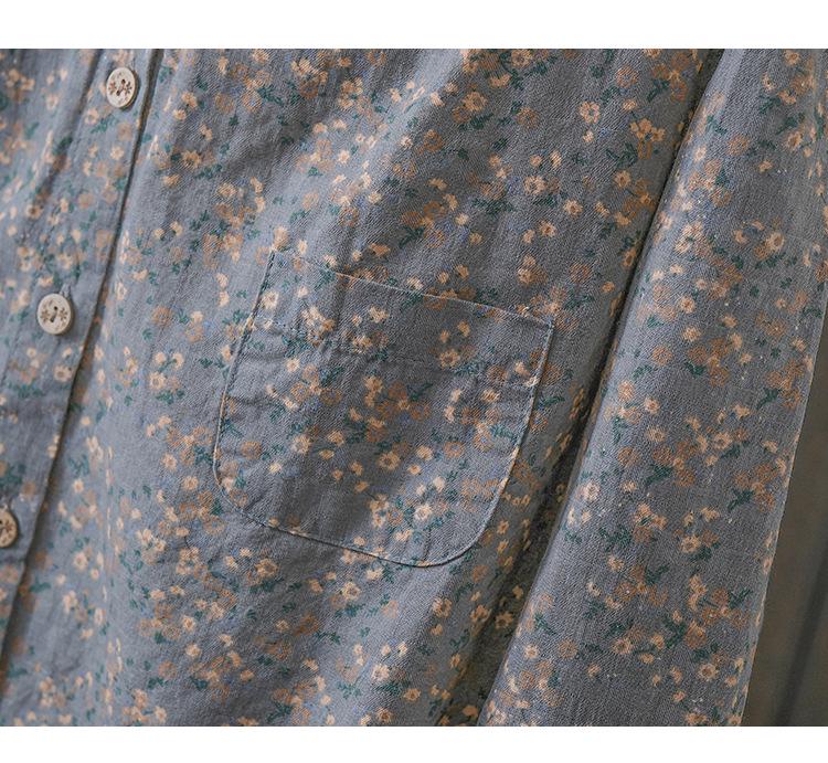 Women's Small Floral Cotton Linen Long Sleeve Shirt - Artistic Casual Spring/Autumn Outerwear