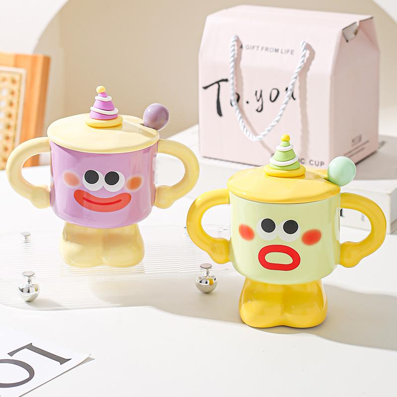 Clown ceramic cup with lid and spoon, mug, girl dormitory cup, household water cup, holiday gift for friends