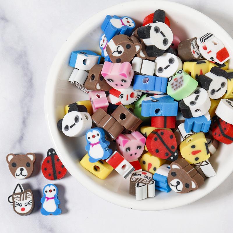 50 pcs Polymer Clay Animal & Fruit Style Mixed Color Flat Round Beads for DIY Bracelet Jewelry