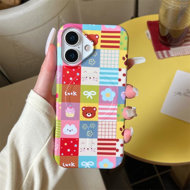 Color Patchwork Plaid Little Bear Magnetic Stand Case for iPhone 17/16 Pro Max & 15 Pro