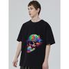 Farbenfroher Schädel mit Hut Grafik T-Shirt Schwarz Psychedelisches Kunstdesign für Freizeitkleidung Streetwear Fashion Statement Herren Damen Unisex Top