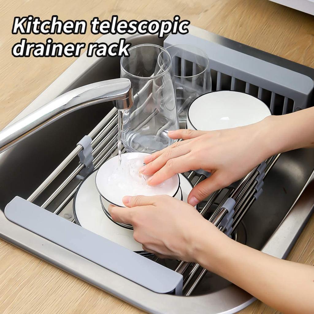 Kitchen Dish Drying Rack,over Sink Telescopic Stainless Steel Dish Rack/drainer,adjustable Vegetable Fruit Drain Basket For Sink