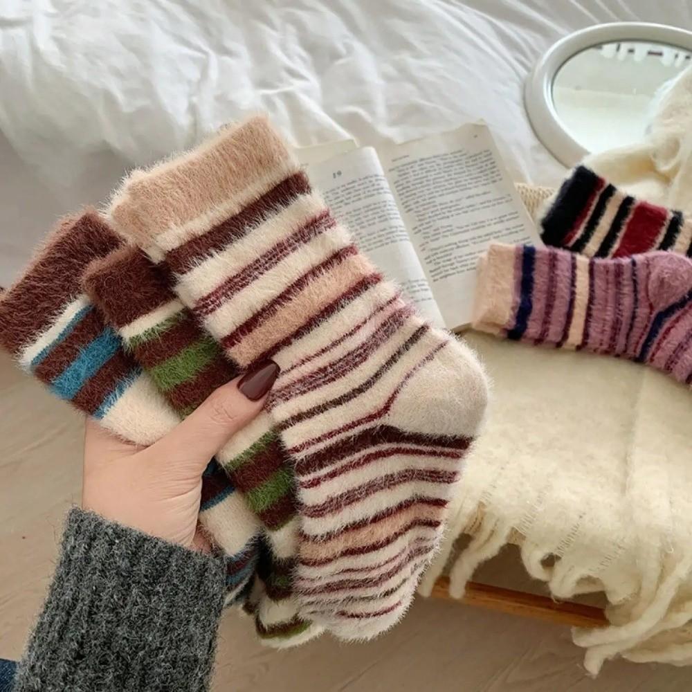 Thickened Striped Socks Plush Floor Socks New Mink Fleece Socks  Autumn Winter