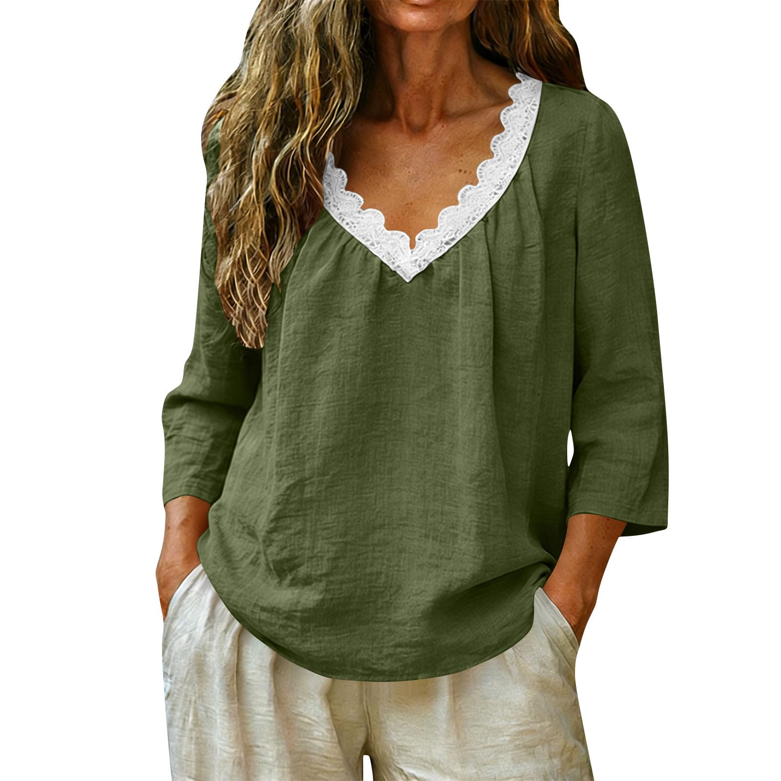 

Womens Spring Tops V Neck Lace Trim Blouse Summer Shirts for Women Loose Fit 3/4 Sleeve Womens Summer Shirts Casual Style L
