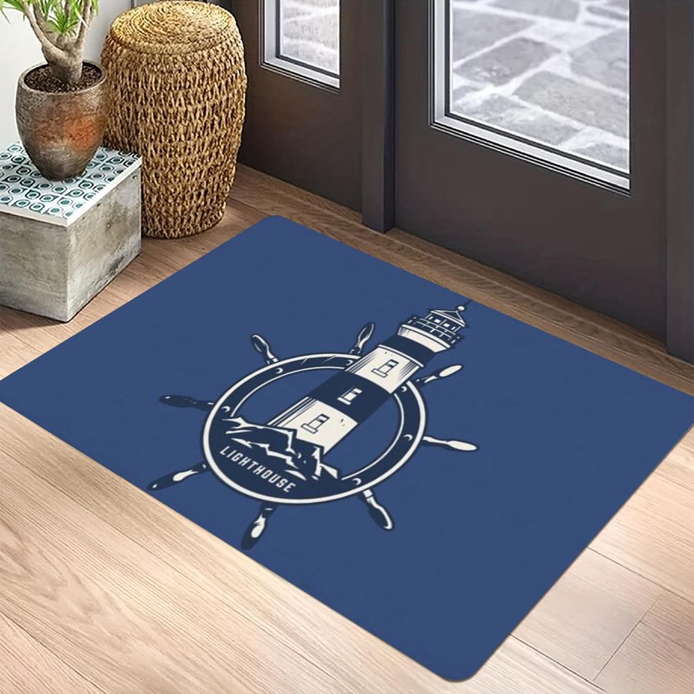 Nautical Vintage Theme Carpet Mat Rug Anchor Steering Wheel Compass Map Retro Hand-drawn Home Decoration Entryway Navy Blue